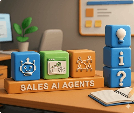 3D illustration of colorful blocks with icons and SALES AI AGENTS text