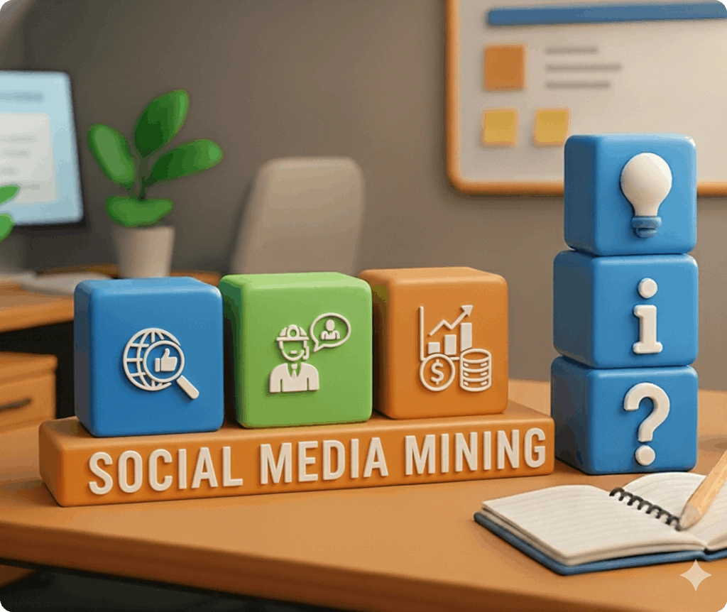SOCIAL MEDIA MINING, 3D illustration of three colorful cubes on a desk