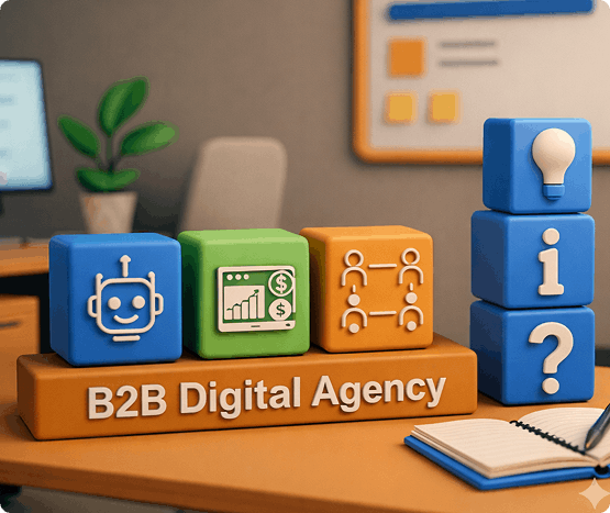 Cubes with icons and the words B2B Digital Agency, frequently asked questions about the up4d Group